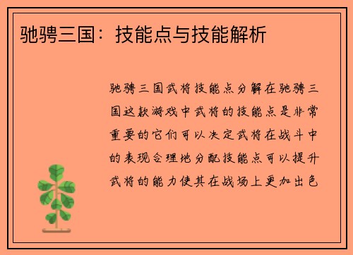 驰骋三国：技能点与技能解析